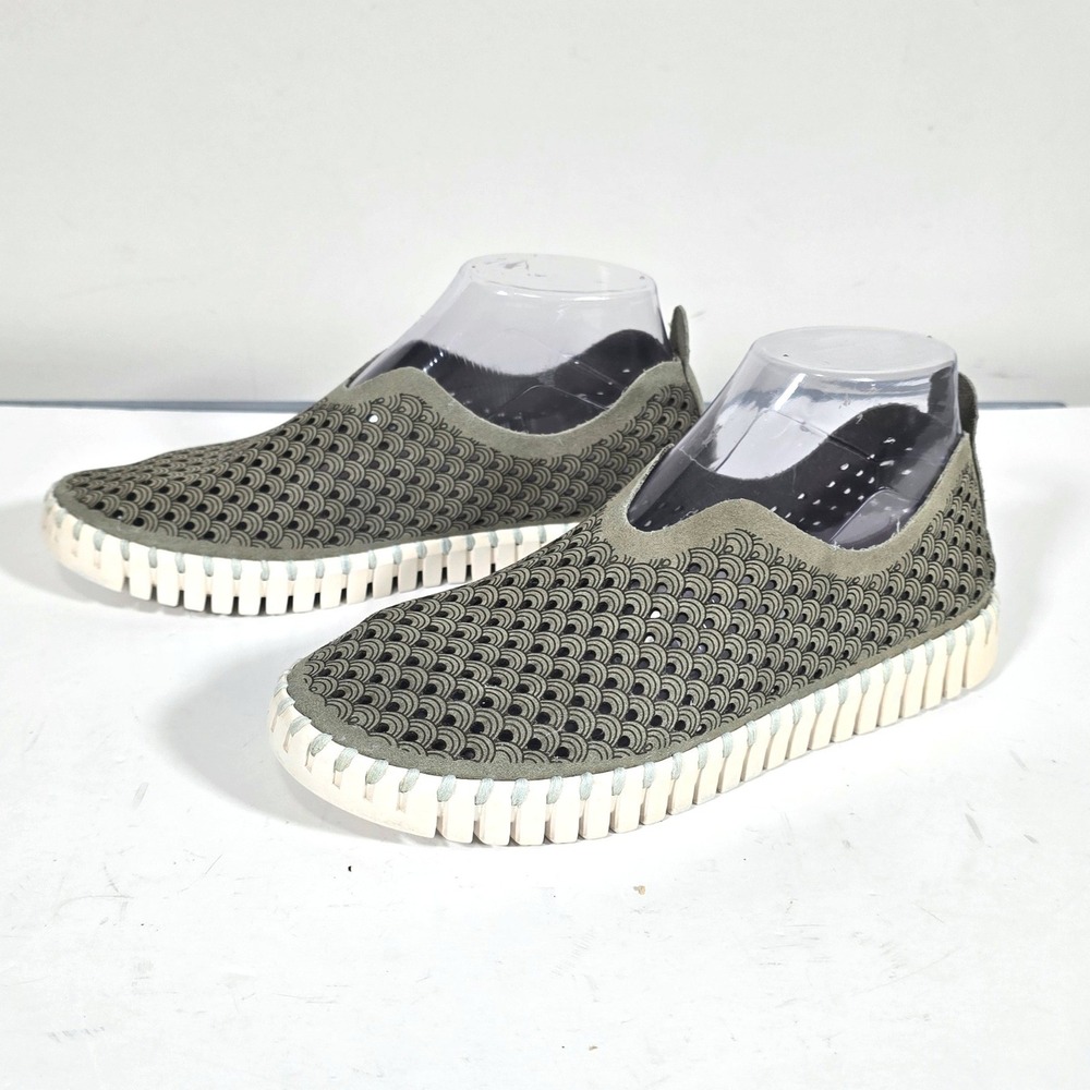Ilse Jacobsen Tulip 139 Shoes Women US 7.5 Euro 38 Army Green Laser Cut Slip On